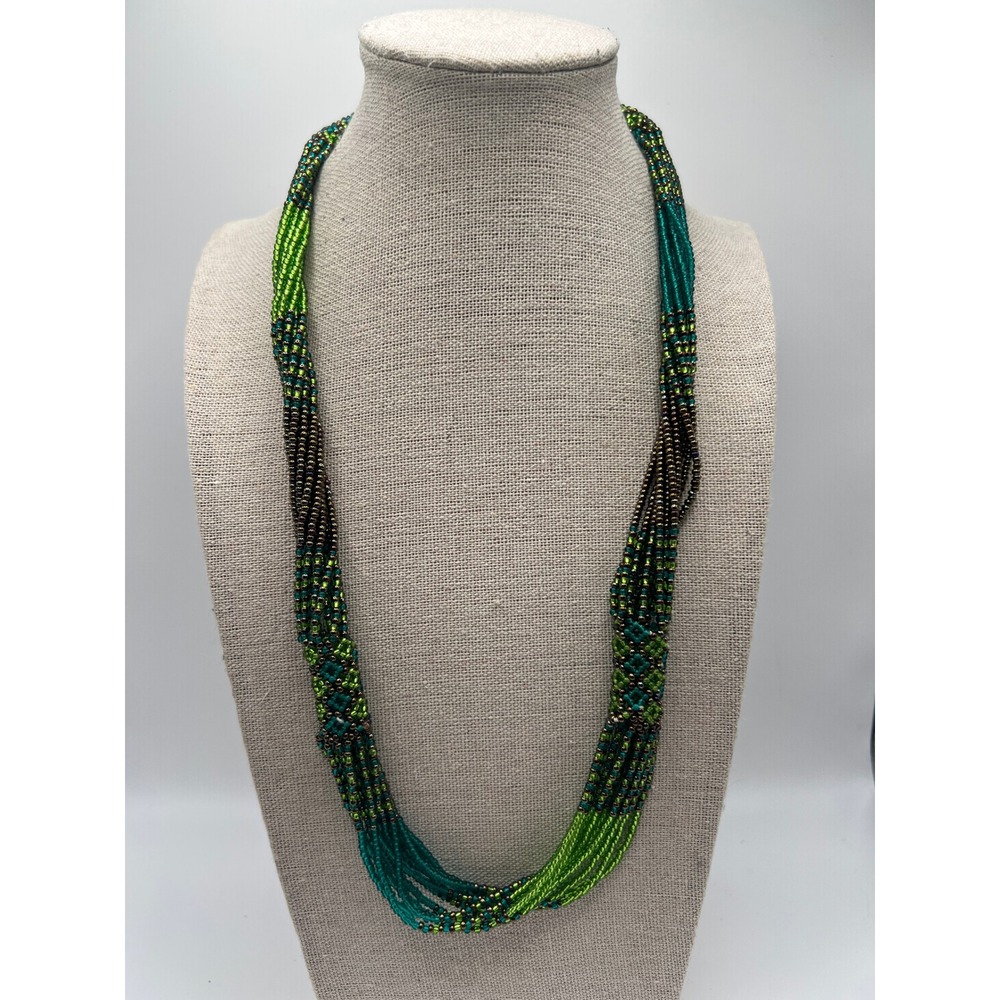Boho Cottagecore Fairycore Green Seed Bead Woven Necklace Multistrand Artisan